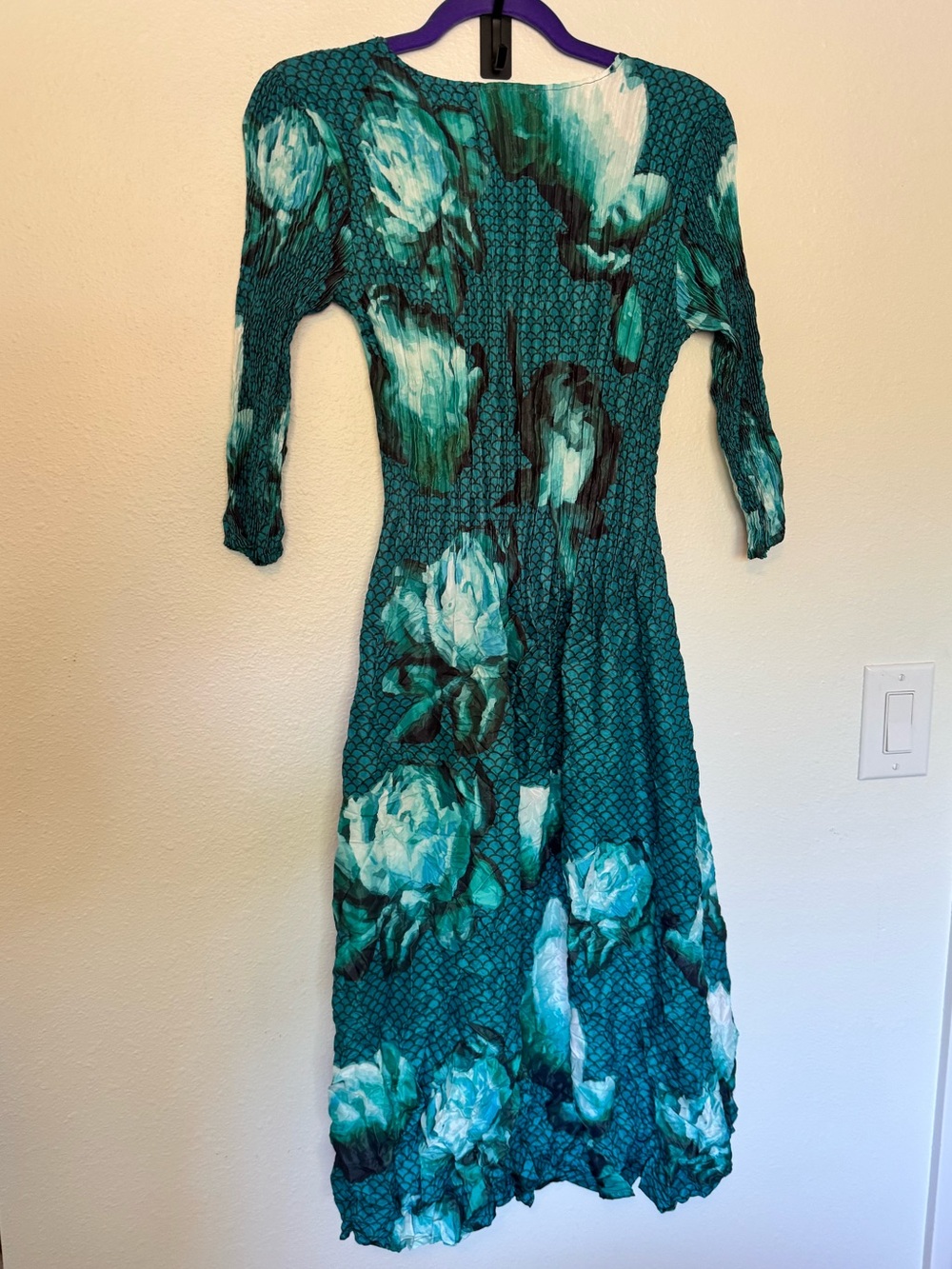 Alquema 3/4 Sleeve Smash Pocket Dress Aqua Flowers Crinkle Size 1 US 6/8 EUC - Picture 2 of 9